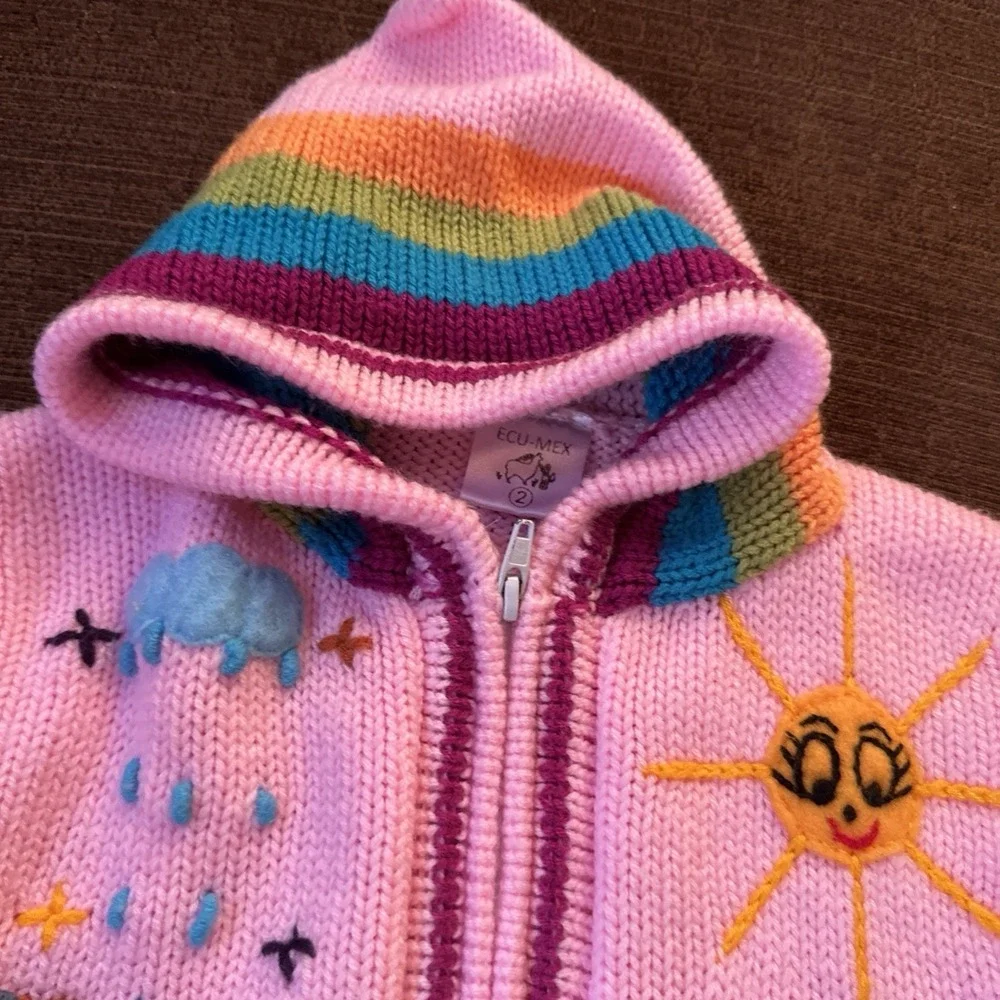 Handmade Peruvian Knit Zip Hoodie Kids 2T Multicolor Animal Landscape Sweater